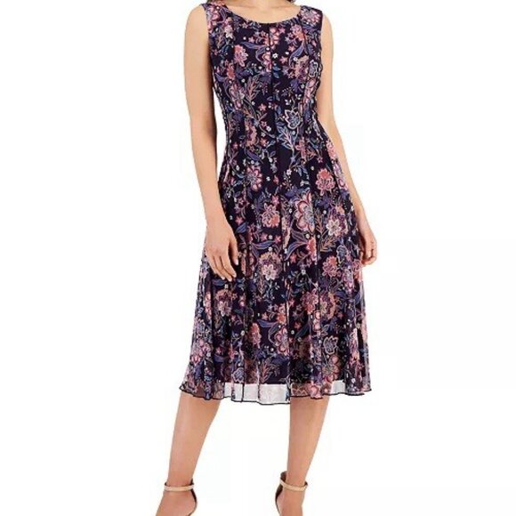 New Connected Womens Size 10 Floral Sleeveless Chiffon Midi Dress Work Career - Picture 3 of 13